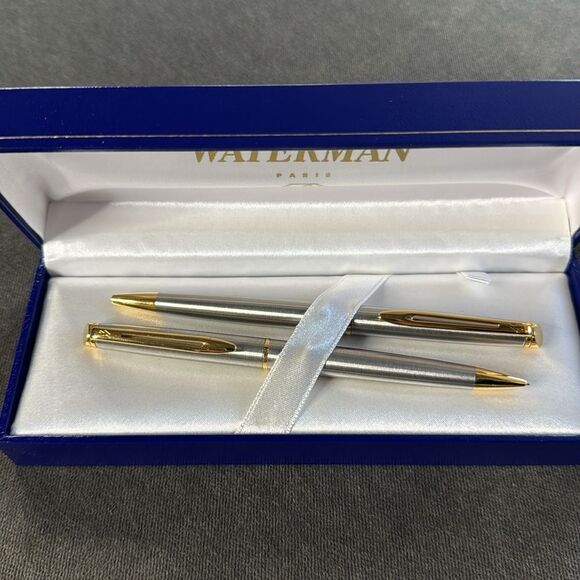 Waterman Stainless Steel Ball Point Pen & Pencil Set Silver Gold Trim Medium NEW - Picture 4 of 14